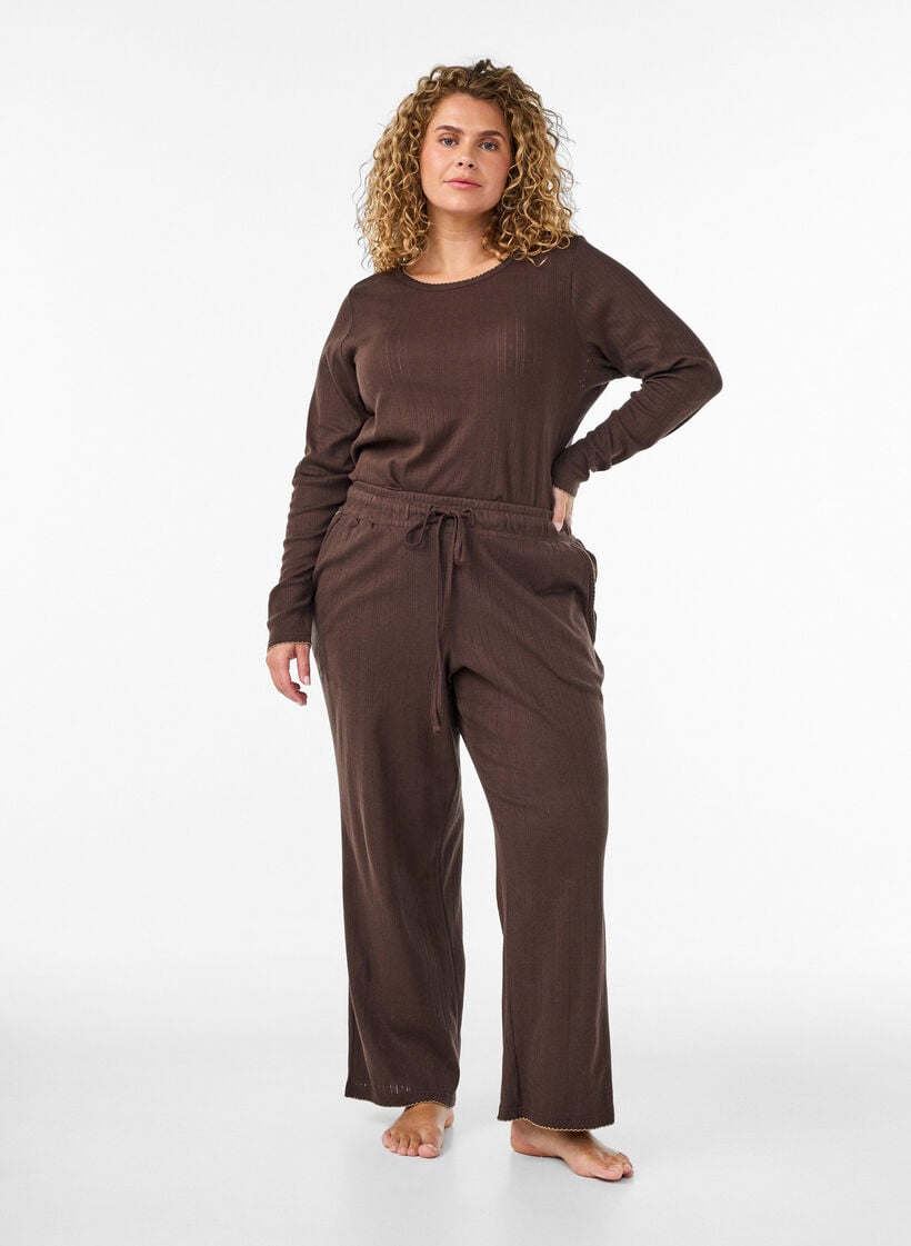 Organic cotton pyjama top with eyelet embroidery, Brown, Model image number 1
