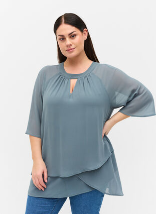 Chiffon blouse with 3/4 sleeves, Goblin Blue, Model image number 0