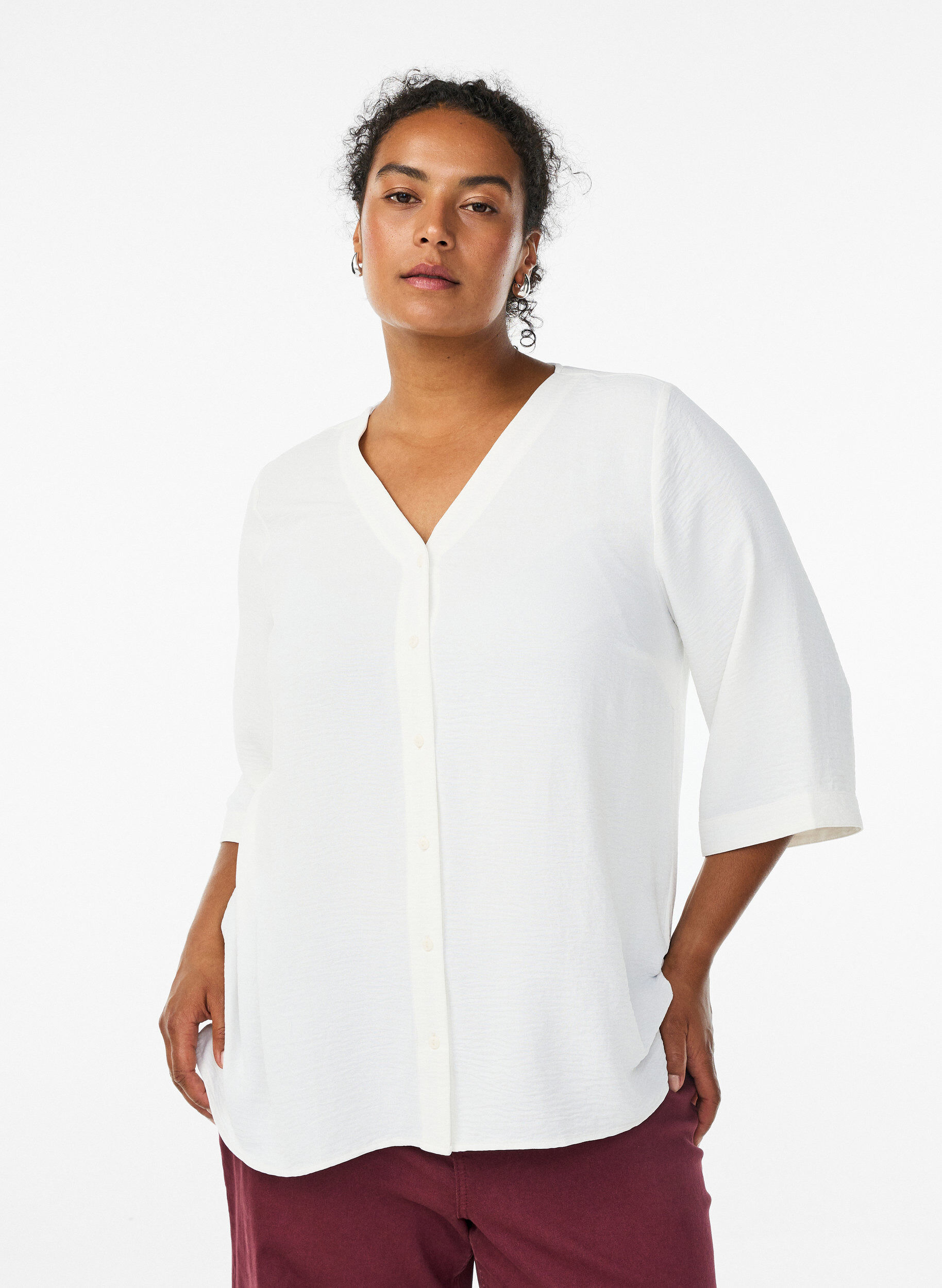 Shirt Blouse with V-Neck and 3/4 Sleeves, Vanilla, Model