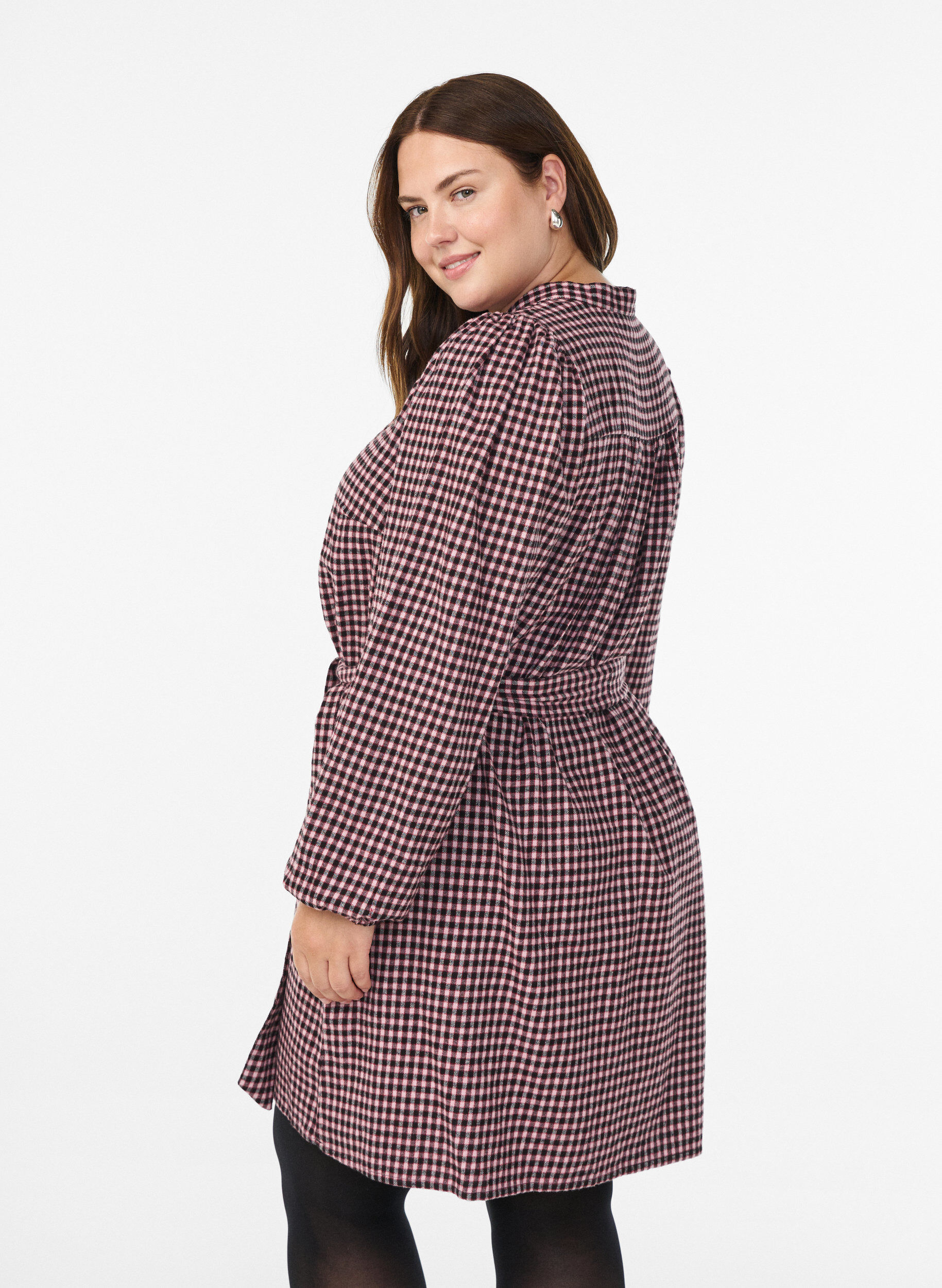 Zizzifashion Short checked dress with a tie-belt, Red, Model image number 2