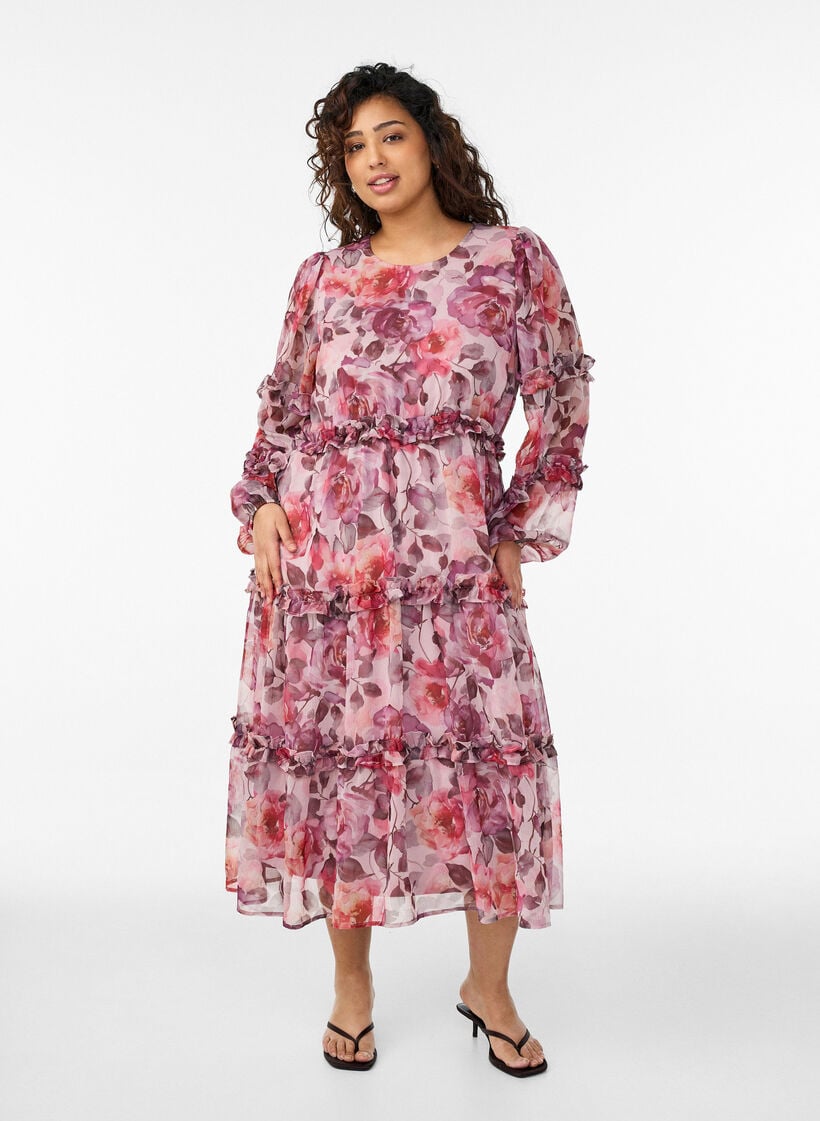Floral midi dress with ruffle details and sheer sleeves, Rose, Model image number 0