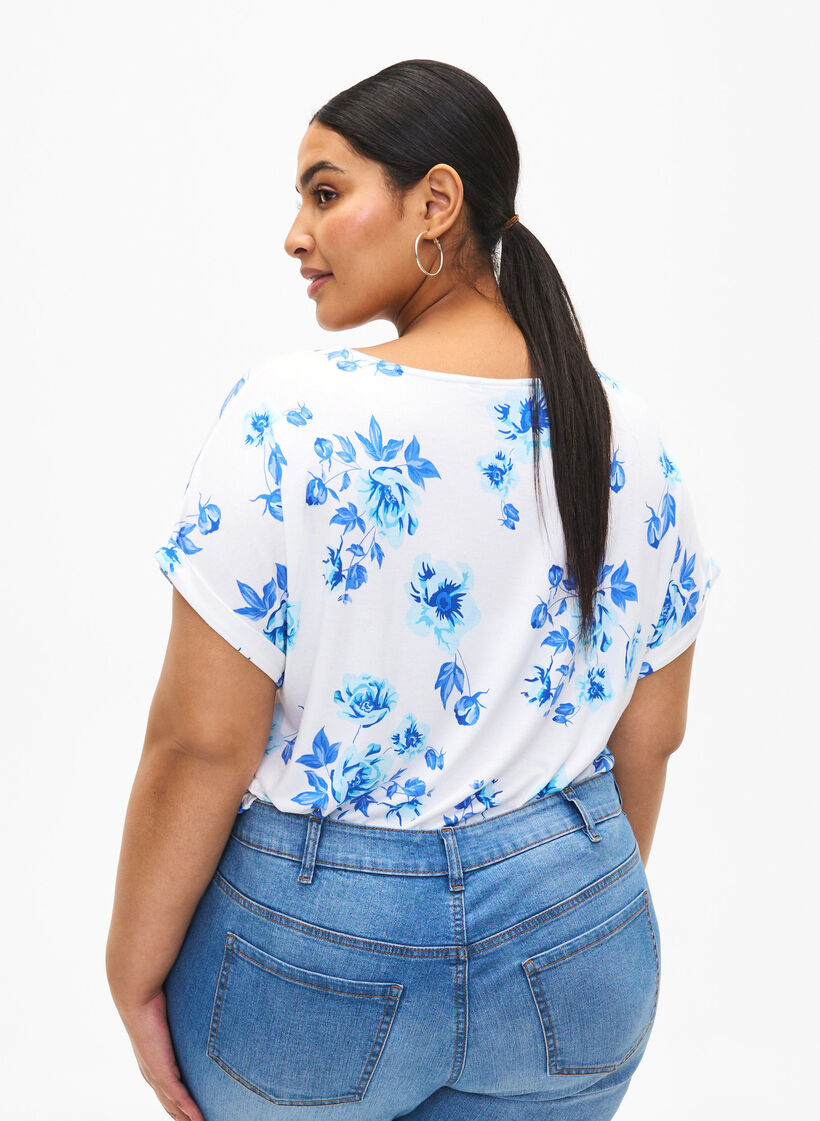 Floral viscose blouse with short sleeves, White Blue AOP, Model image number 1