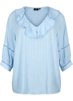 Blouse with 3/4 sleeves and lace, Chambray Blue, Packshot image number 0
