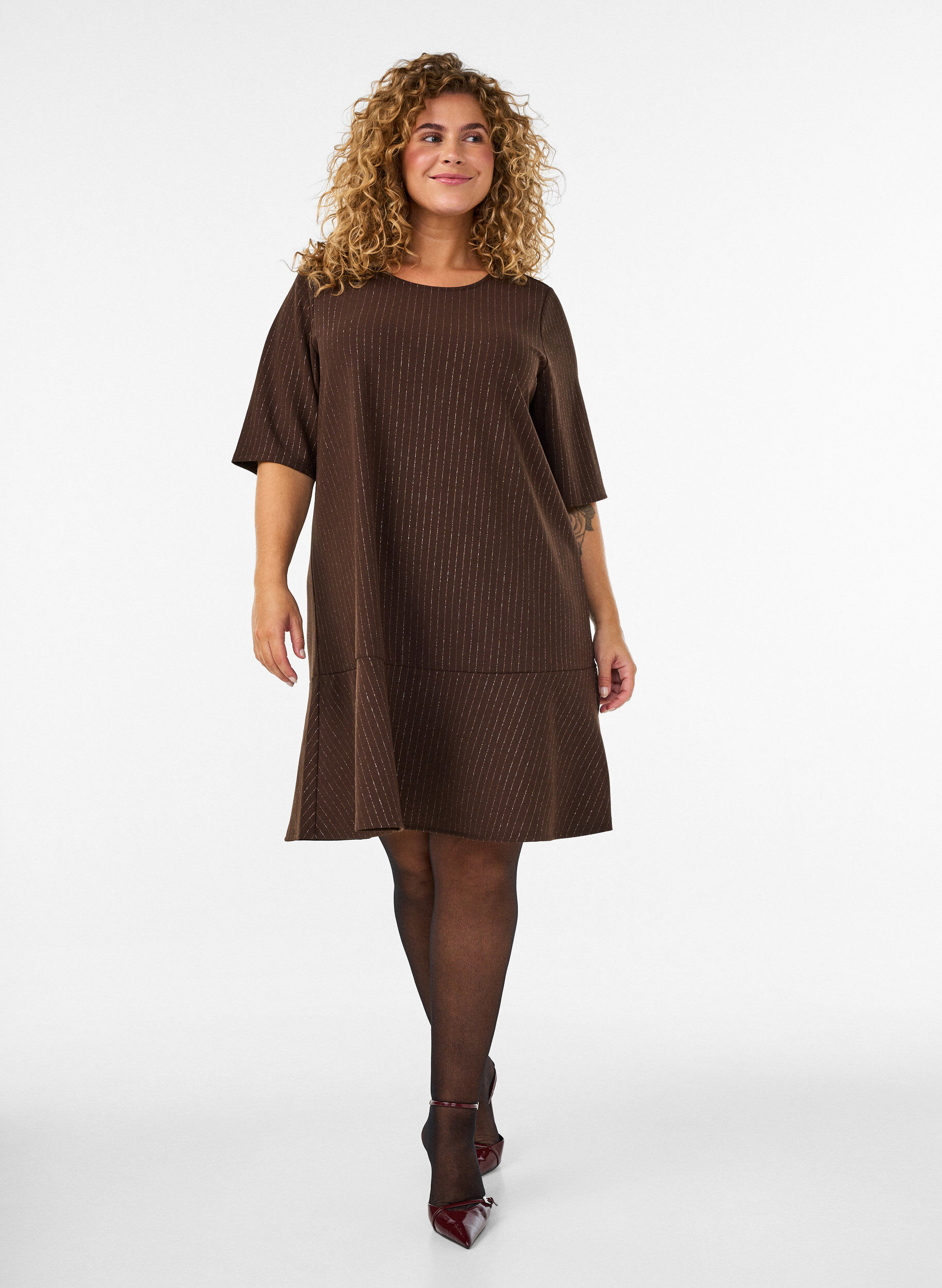 ZizzifashionShort A-line dress with glitter stripes, Brown, Model image number 1
