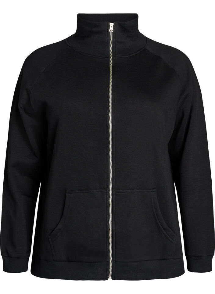 Sweat cardigan with high collar and zip, Black, Packshot image number 0