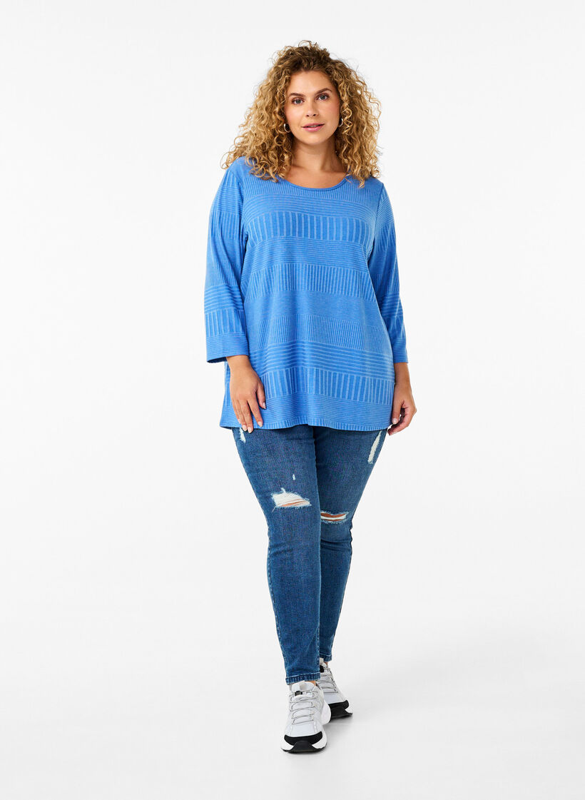 Blouse with 3/4 sleeves and striped pattern, Princess Blue Mel., Model image number 2
