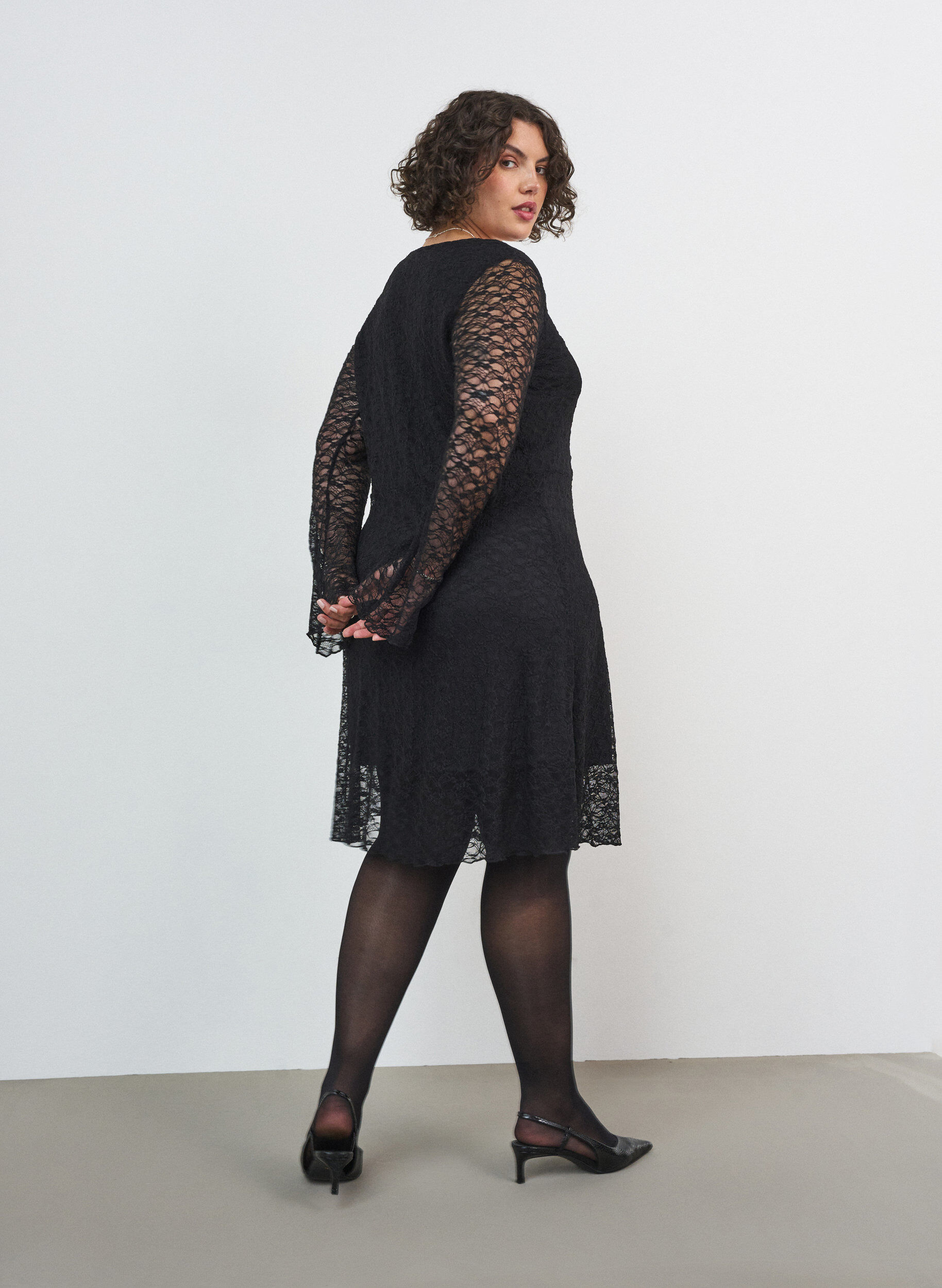 ZizzifashionLace dress with trumpet sleeves and an A-line shape, Black, Model image number 1