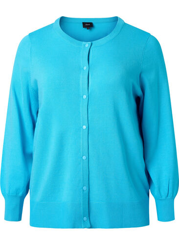 Ribbed cardigan with button closure, River Blue, Packshot image number 0