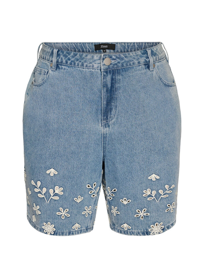 Denim shorts with broderie anglaise and high waist, Light Blue, Packshot image number 0