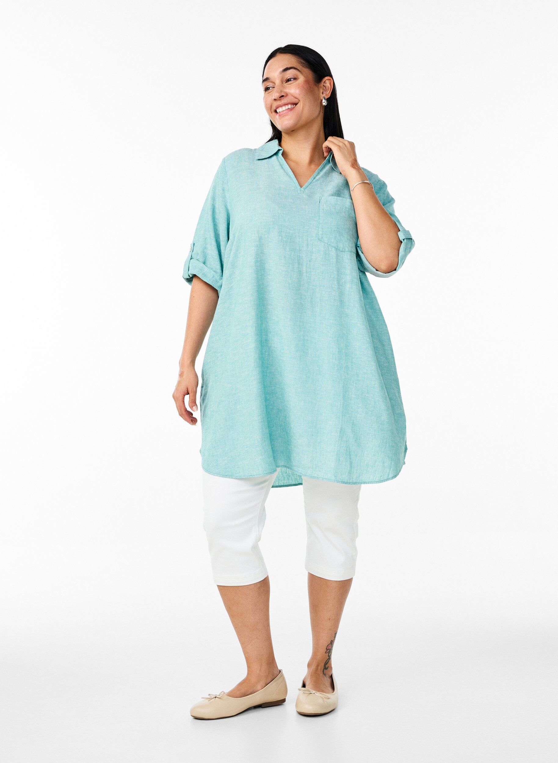ZizzifashionLinen and viscose tunic with A-shape, Green, Model image number 1