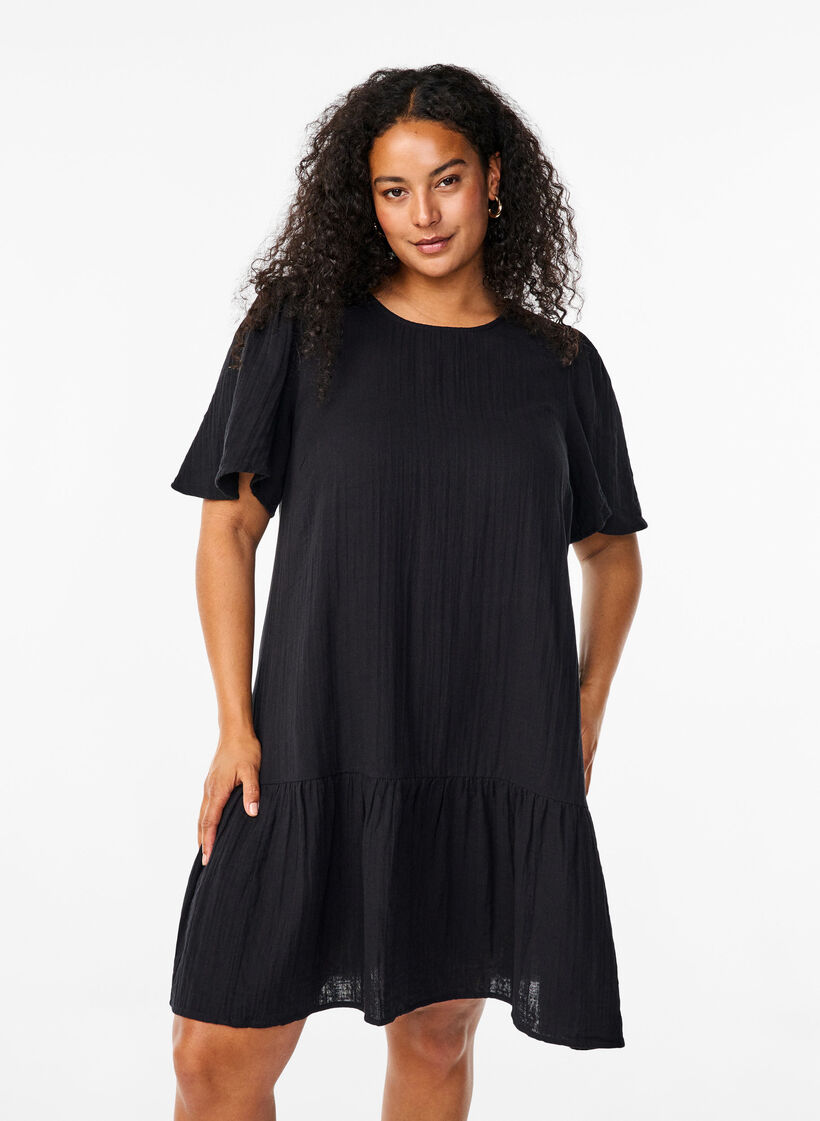 Cotton short-sleeved dress with a-line cut, Black, Model image number 0