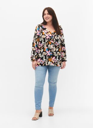 Printed blouse with ruffles , Black Multi Flower, Model image number 3
