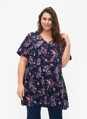 FLASH - Tunic with v neck and print, Navy Rose Flower, Model image number 0