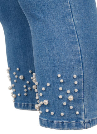 High waisted denim capri trousers with pearls, Light blue denim, Packshot image number 2