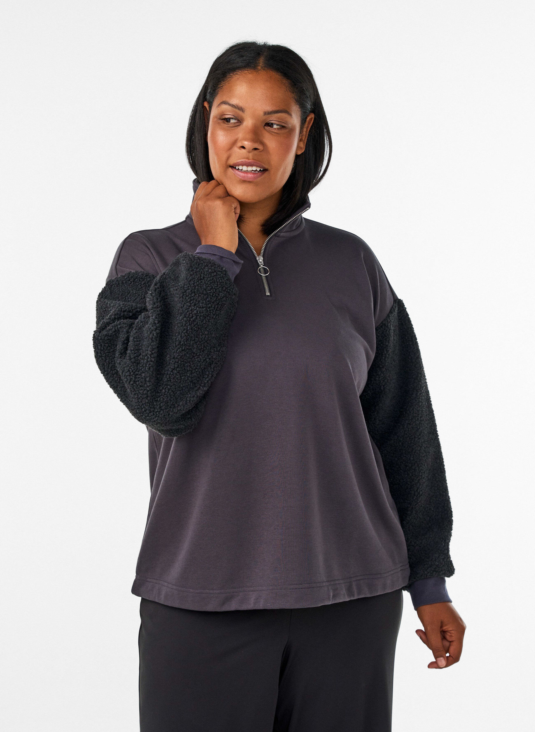 ZizzifashionSweatshirt with teddy sleeves and a high neck, Dark Grey, Model image number 0