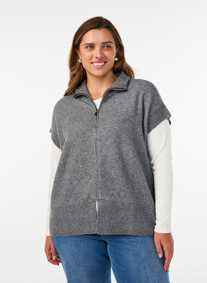 Knitted vest with high collar and zip, Grey, Model image number 0