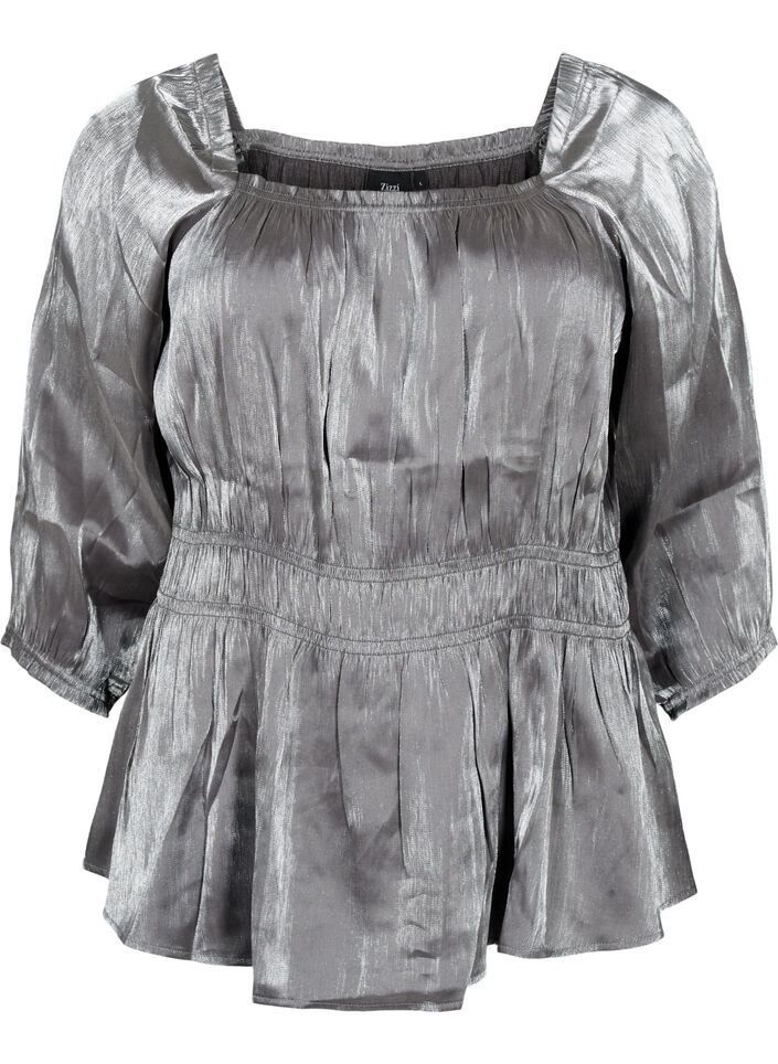 Silver-colored blouse with 3/4 sleeves and smock, Dark Silver, Packshot image number 0
