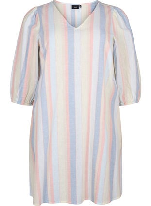 Cotton blend short dress with linen, Multi Color Stripe, Packshot image number 0