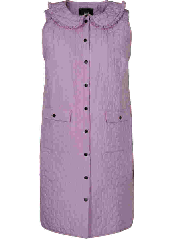 Long quilted vest with collar and frills, Lavender Mist, Packshot image number 0
