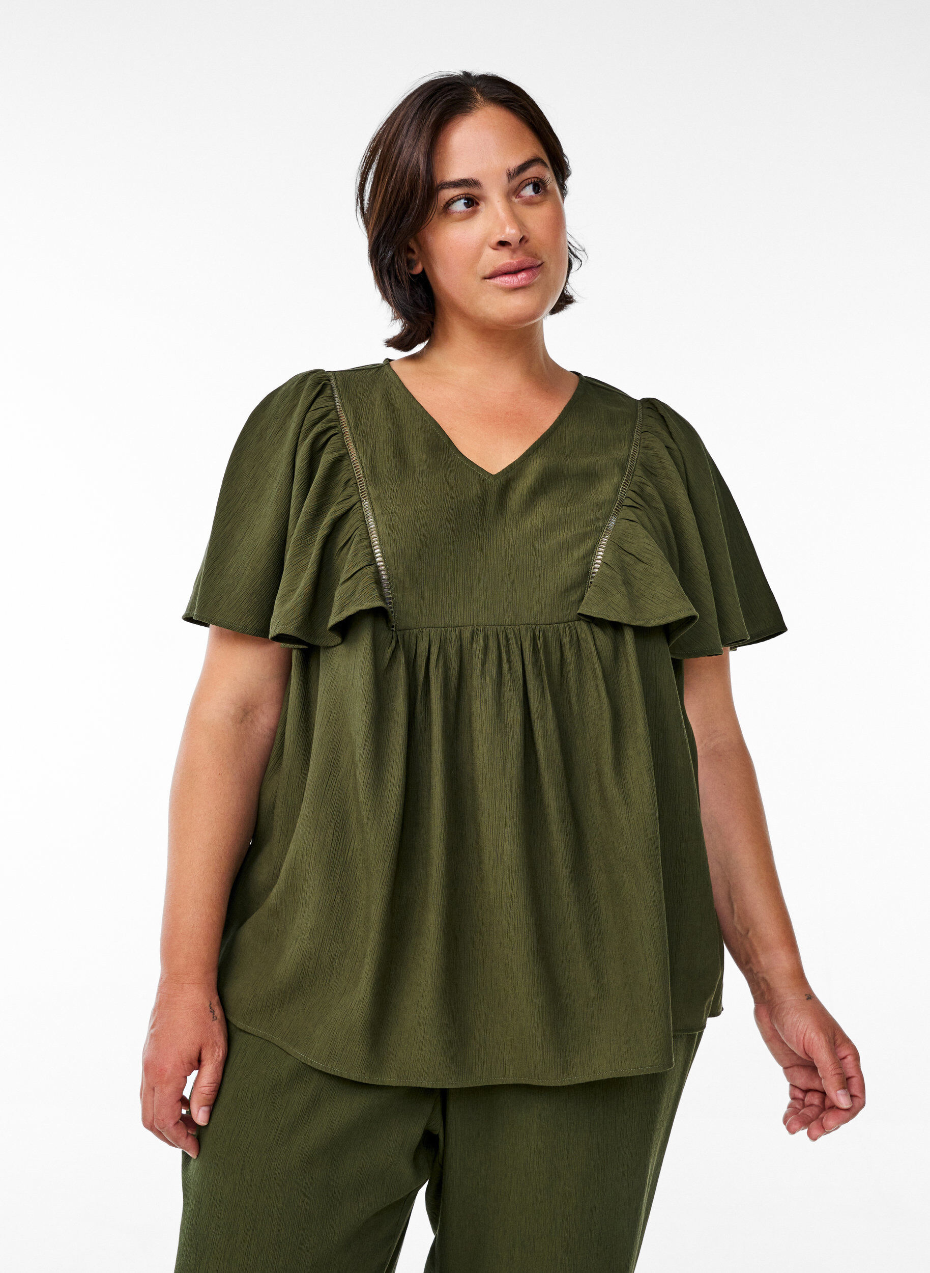 Zizzifashion Blouse with short ruffle sleeves, Green, Model image number 0