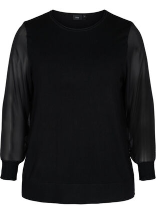 Viscose knit top with chiffon sleeves, Black, Packshot image number 0