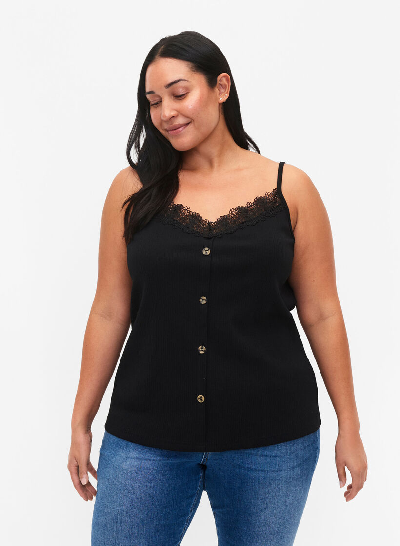 Strap top with lace trim and buttons, Black, Model image number 0