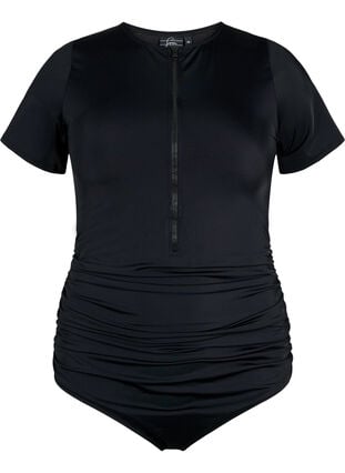 Swimsuit with zipper and short sleeves, Black, Packshot image number 0