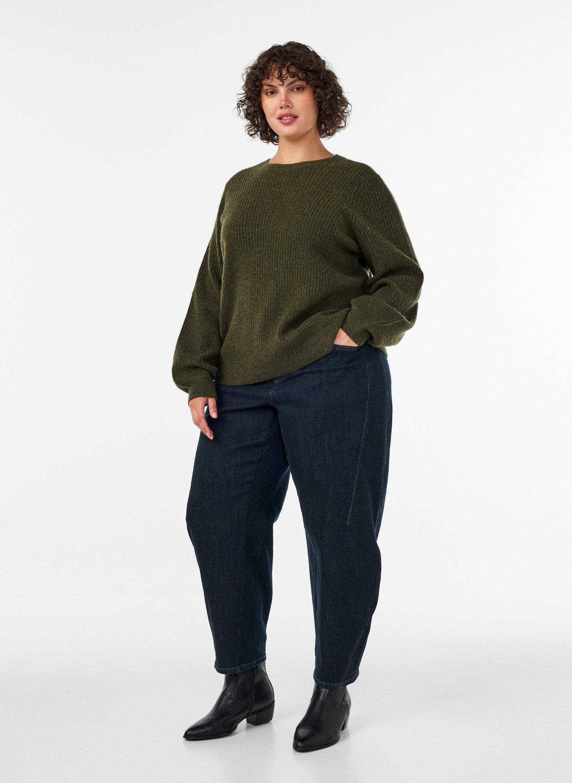 ZizzifashionRibbed jumper with balloon sleeves, Green, Model image number 1