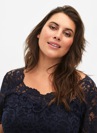 Short-sleeved maxi dress with pleats and lace, Night Sky, Model image number 3
