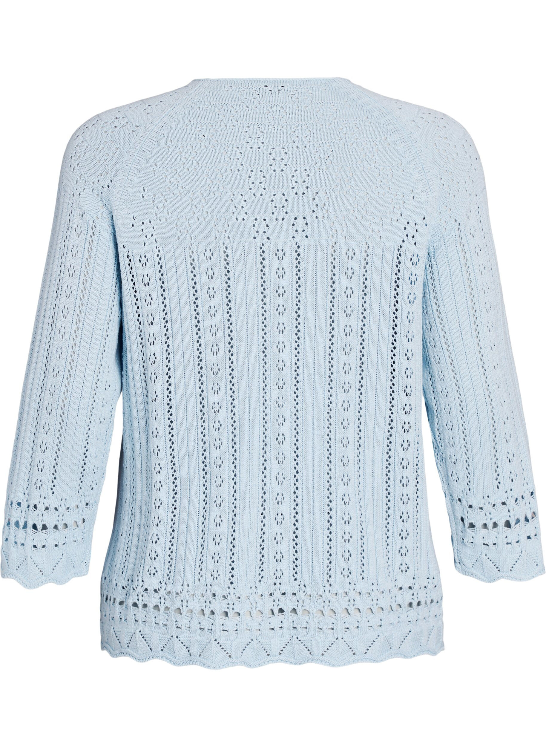 Zizzifashion Knitted top with eyelet embroidery and 3/4 sleeves, Light Blue, Packshot image number 1