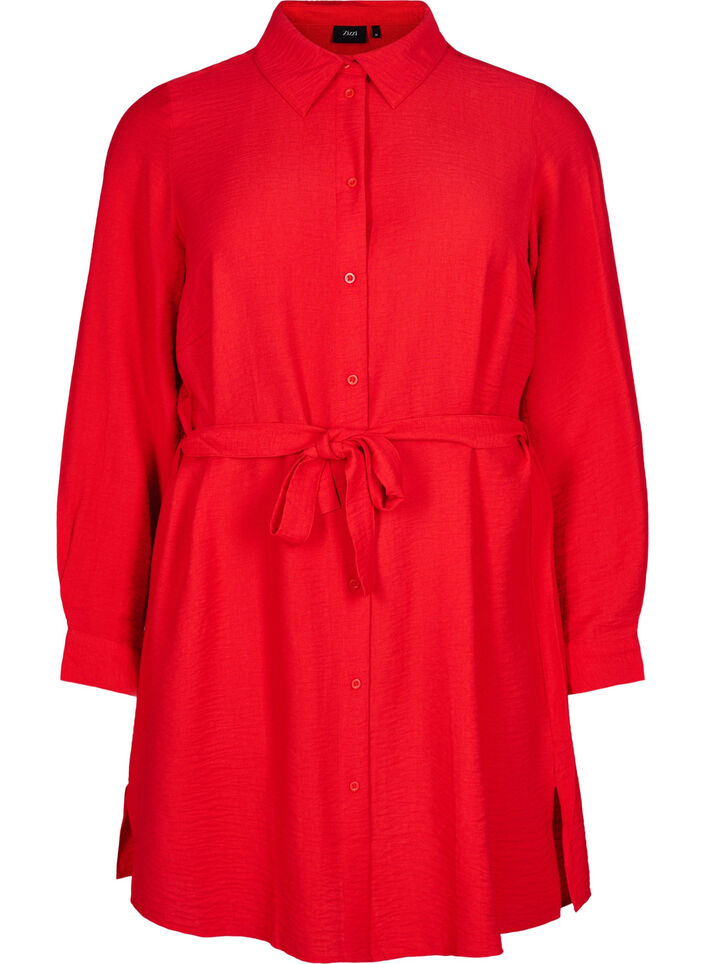Shirt dress with tie belt and long sleeves, Red, Packshot image number 0