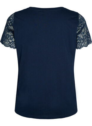 Cotton t-shirt with short lace sleeves, Navy Blazer, Packshot image number 1