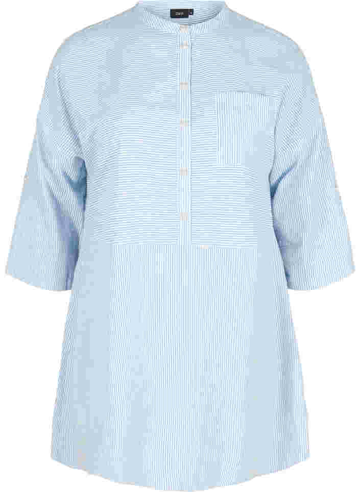 Striped cotton tunic with buttons and 3/4 sleeves, Skyway Stripe, Packshot image number 0