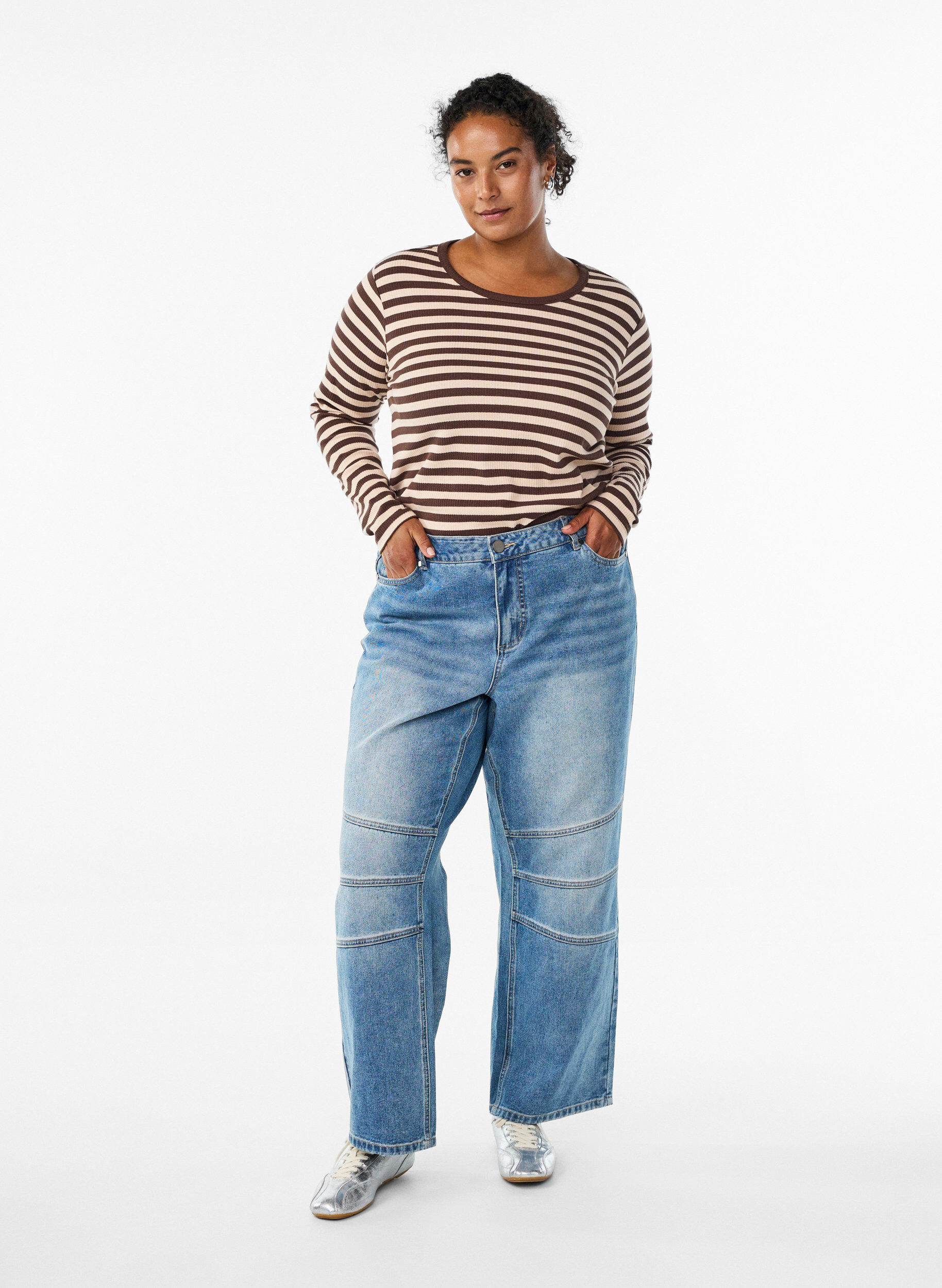 ZizzifashionStriped blouse with long sleeves, Brown, Model image number 1
