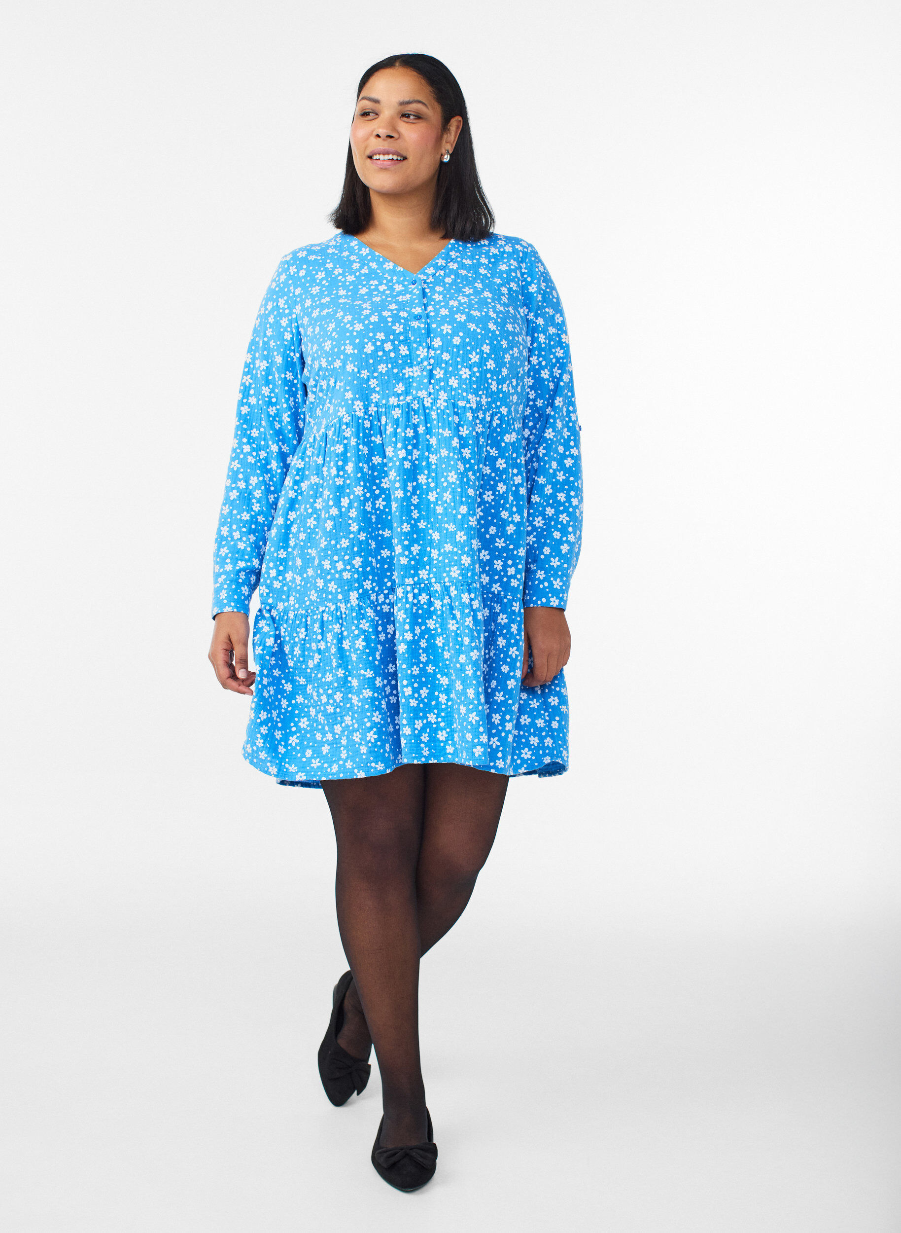 Zizzifashion Short dress in patterned cotton muslin, Blue, Model image number 1