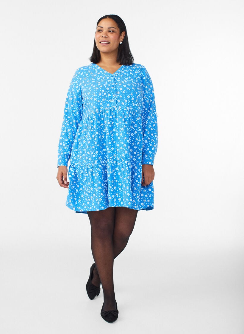 Short dress in patterned cotton muslin, Blue, Model image number 1
