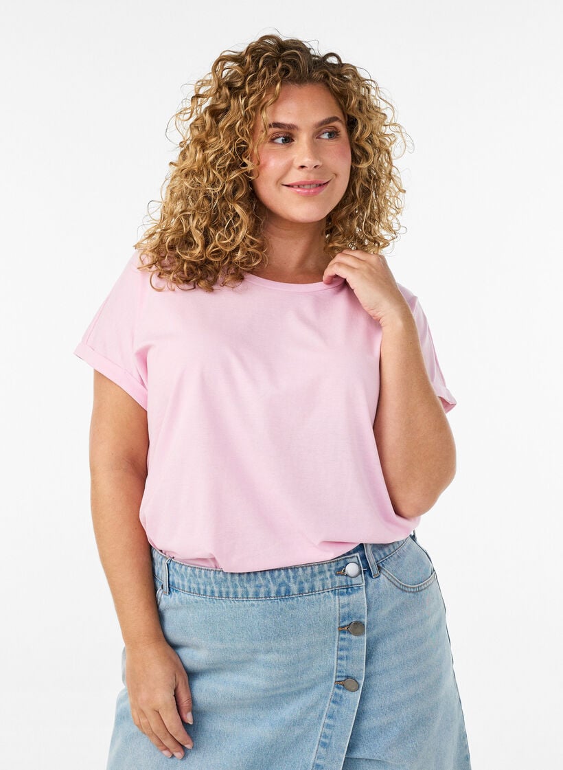 Short-sleeved cotton blend T-shirt, Rose, Model image number 0