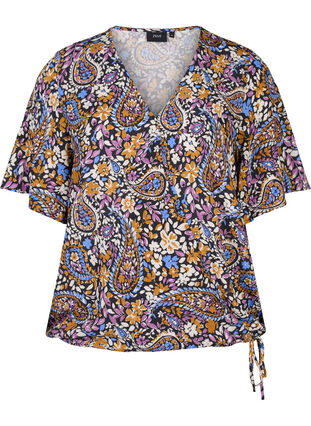 Short-sleeved polka dot wrap blouse, Black G. Sky Paisley, Packshot image number 0