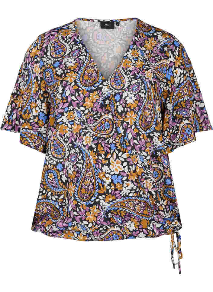 Short-sleeved paisley wrap blouse, Black G. Sky Paisley, Packshot image number 0