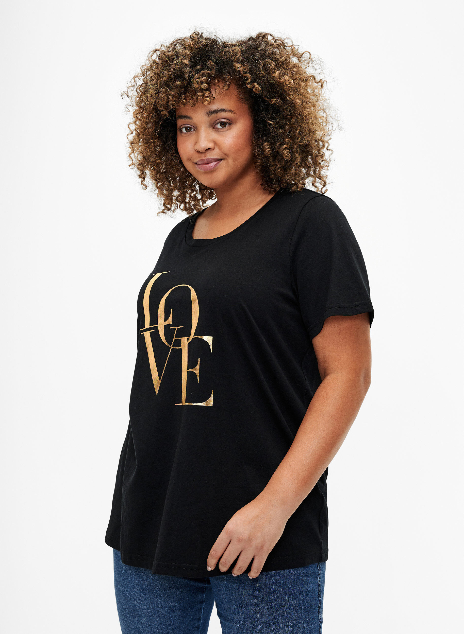 Zizzifashion Cotton T-shirt with gold-colored text, Black w. Gold Love, Model image number 0