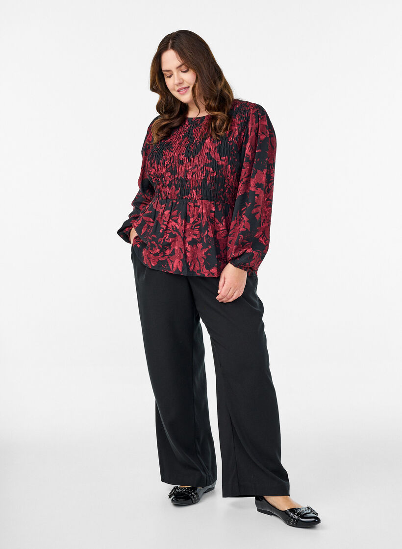 Blouse with smock and long sleeves, Black, Model image number 1