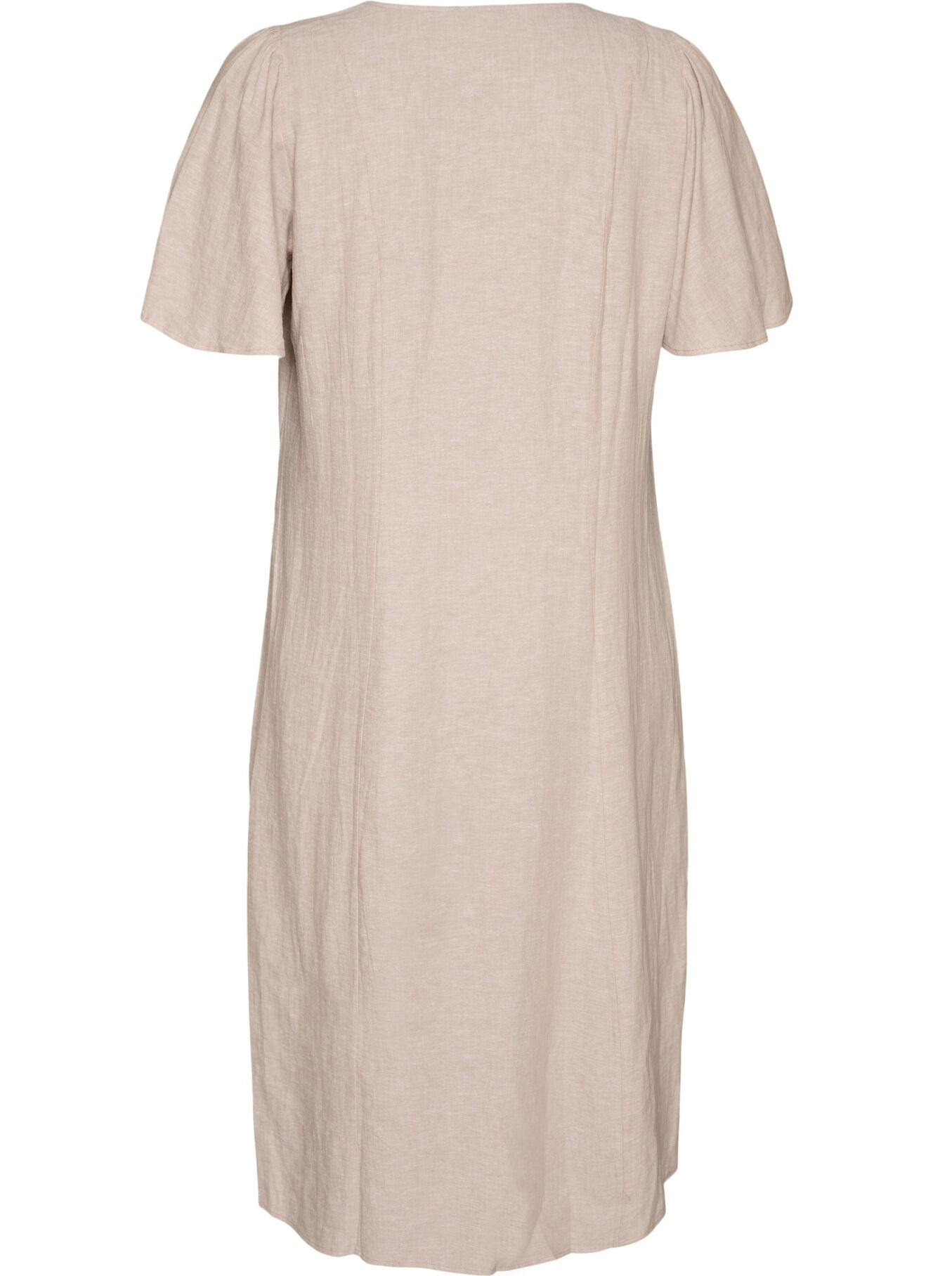 Midi dress in linen and viscose with ruffle sleeves - Beige - Sz. S - Zizzifashion Midi dress in linen and viscose with ruffle sleeves - Beige - Sz. S - Zizzifashion