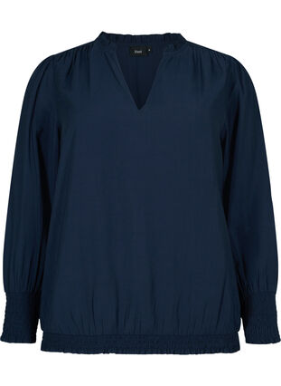 Viscose blouse with long sleeves and smock, Navy Blazer, Packshot image number 0