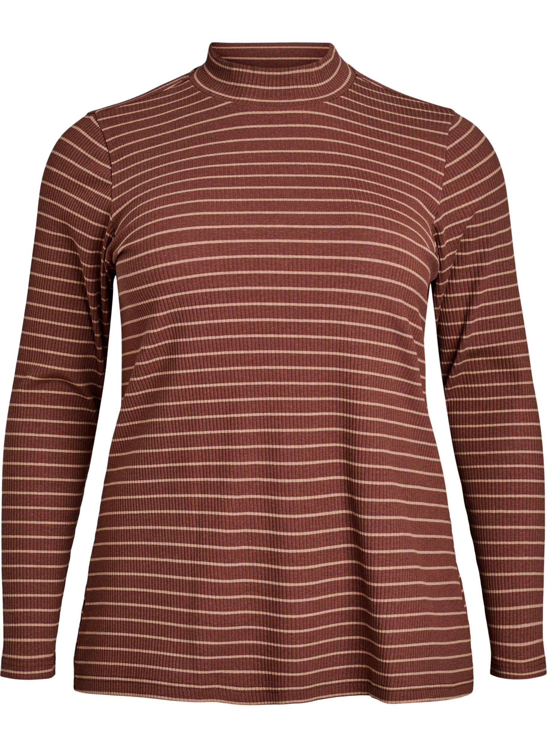 Zizzifashion Striped ribbed jersey blouse with a high neck, Brown, Packshot image number 0