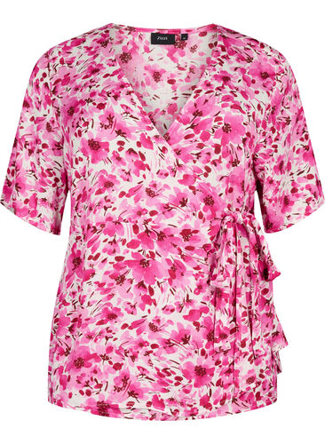 Viscose blouse with wrap, Pink Flower Rain, Packshot image number 0