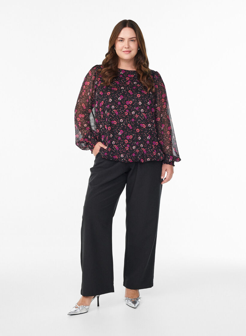 Floral chiffon blouse with sheer sleeves, Black, Model image number 1
