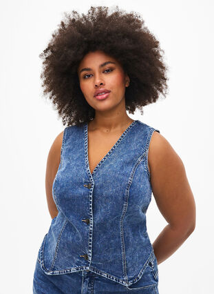 Slim fit denim vest with buttons, Blue Denim, Model image number 0