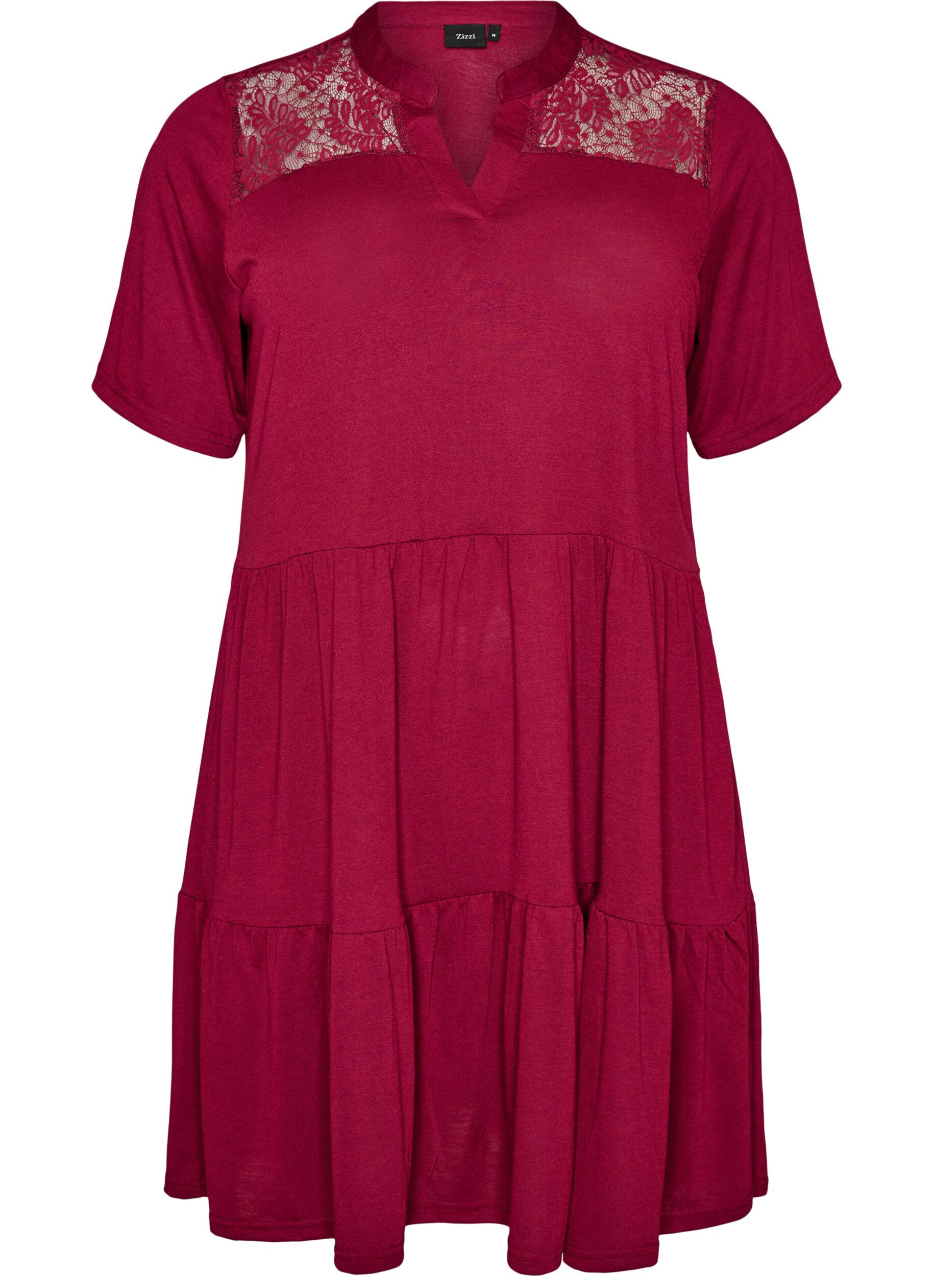 ZizzifashionJersey dress with lace details and a layered skirt, Red, Packshot image number 0