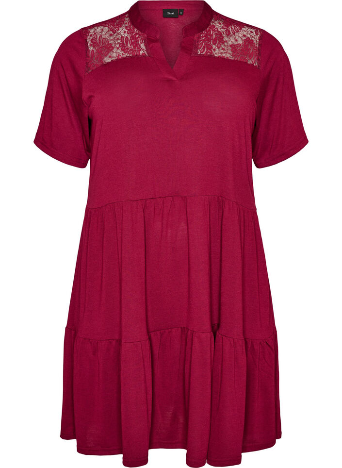 Jersey dress with lace details and a layered skirt, Red, Packshot image number 0