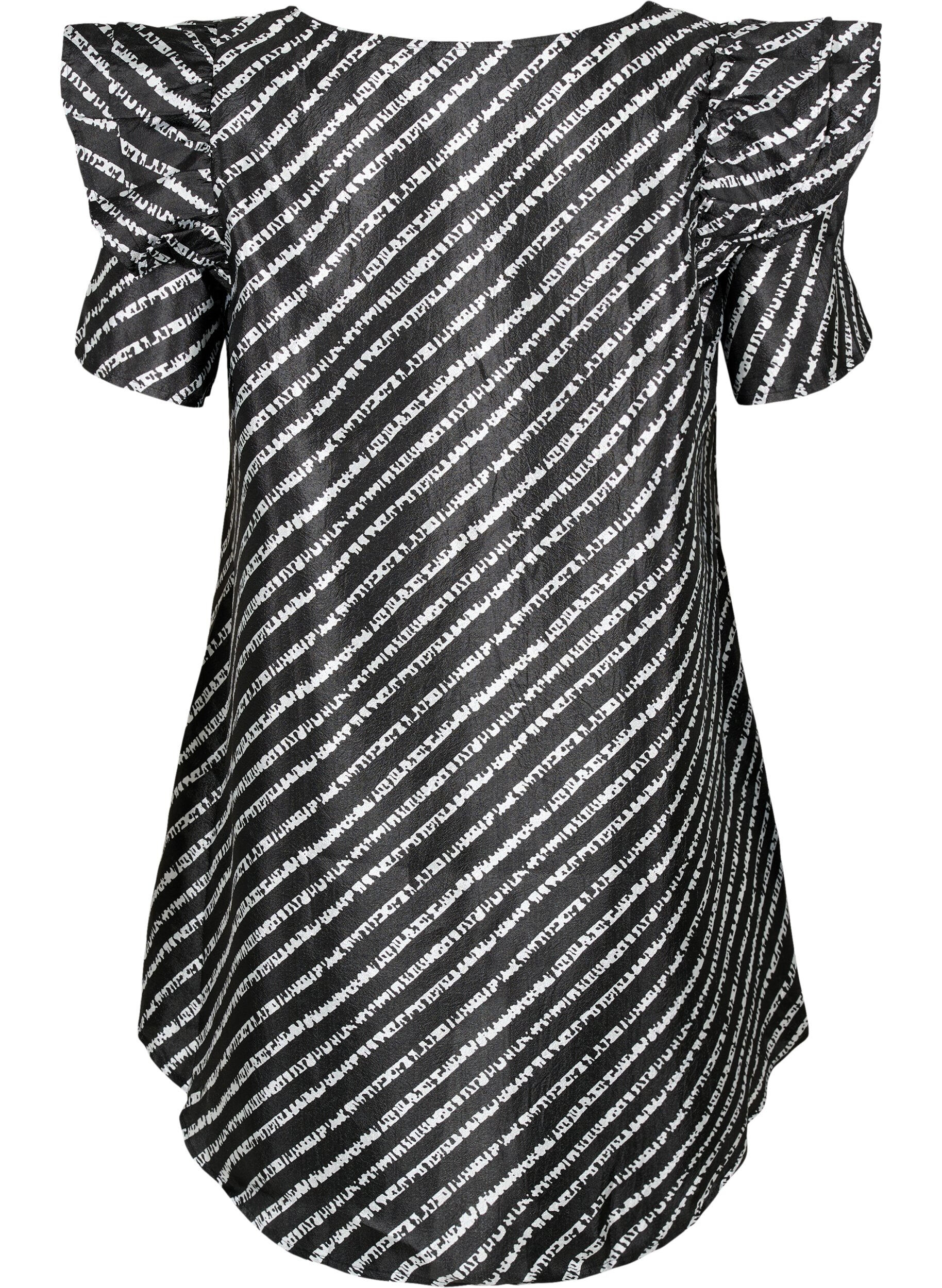 Zizzifashion Striped tunic with frills, Black/White Stripes, Packshot image number 1